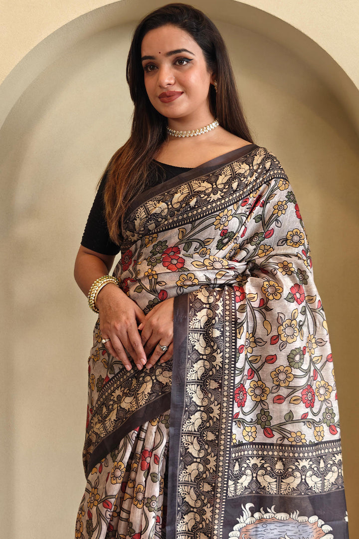 Albescent White Kalamkari Printed Chanderi Cotton Saree