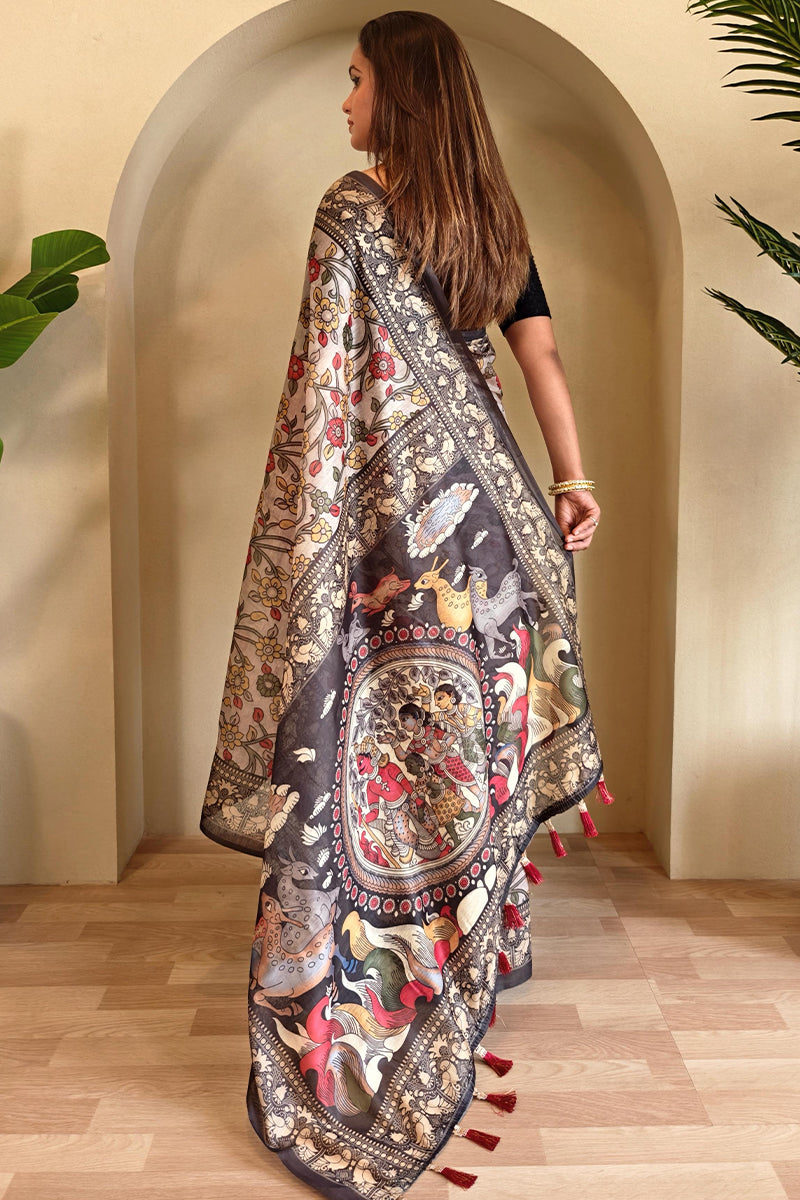 Albescent White Kalamkari Printed Chanderi Cotton Saree