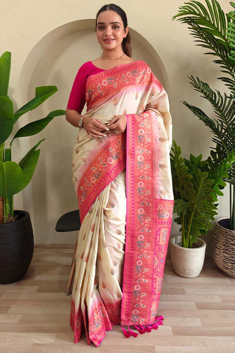 Albescent White Zari Woven Banarasi Silk Saree