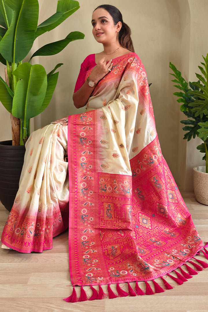 Albescent White Zari Woven Banarasi Silk Saree