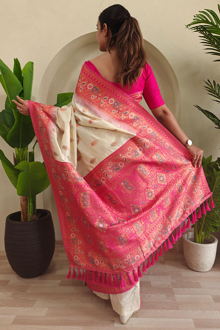 Albescent White Zari Woven Banarasi Silk Saree