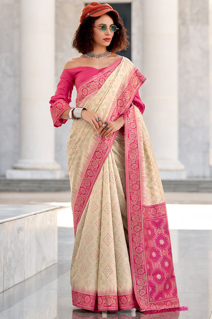 Almond Beige Banarasi Soft Silk Saree