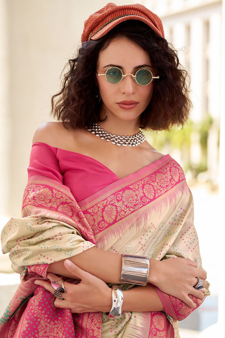 Almond Beige Banarasi Soft Silk Saree