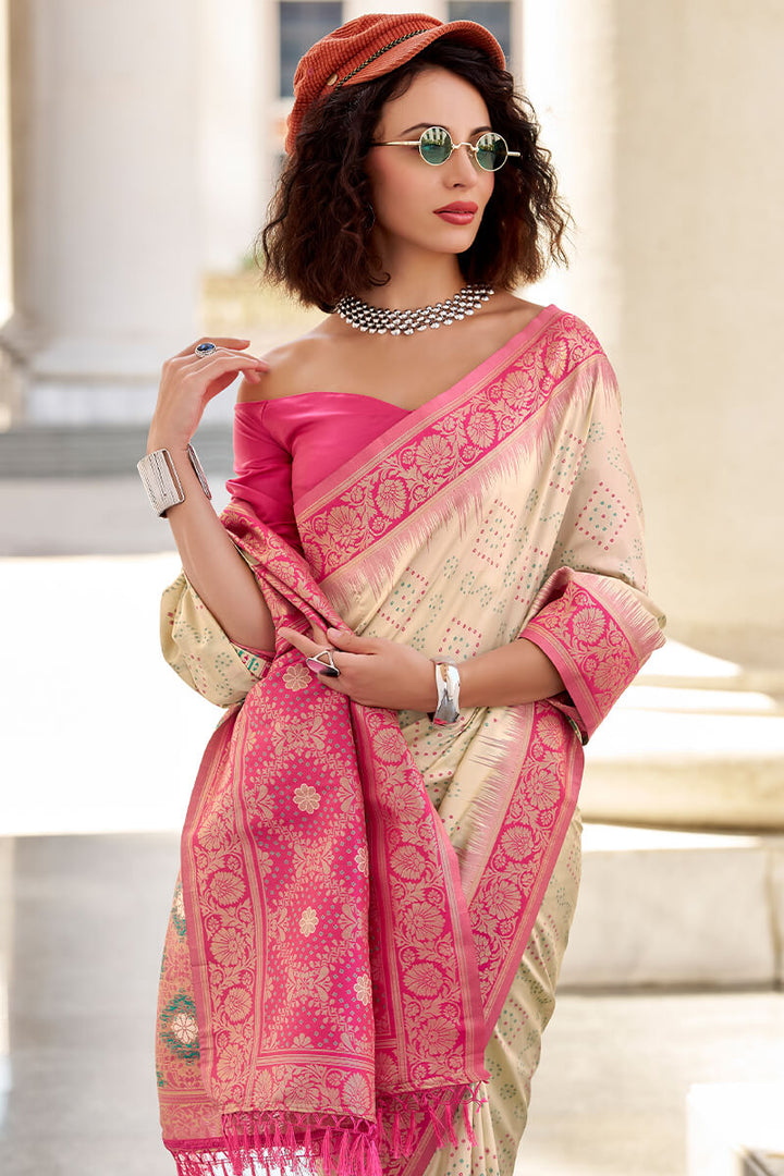 Almond Beige Banarasi Soft Silk Saree