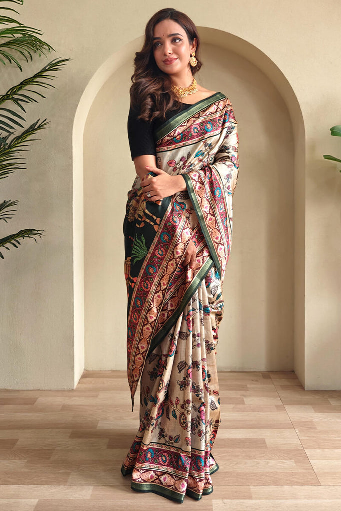 Almond Beige Kalamkari Printed Soft Silk Saree