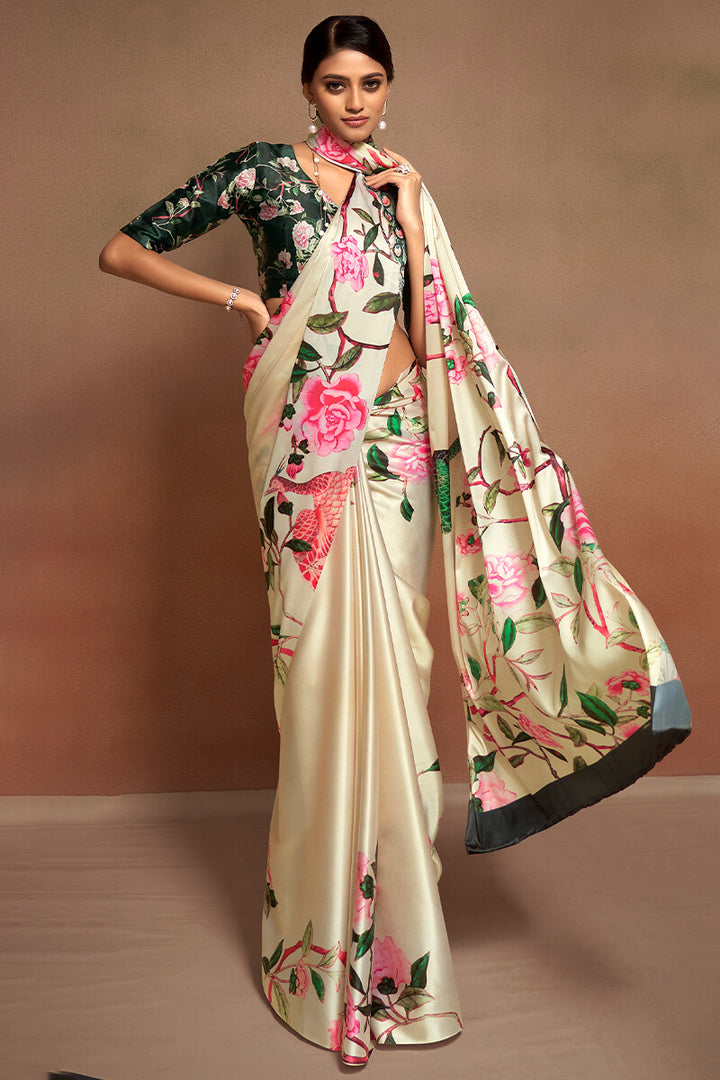 Almond Beige Printed Satin Silk Saree