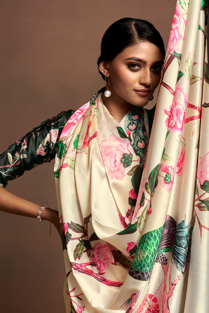 Almond Beige Printed Satin Silk Saree