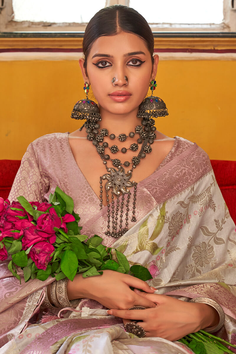 Almond Cream Zari Woven Digital Printed Soft Cotton Silk Saree