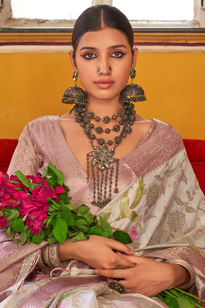Almond Cream Zari Woven Digital Printed Soft Cotton Silk Saree