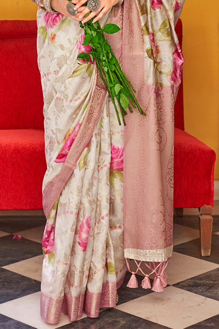 Almond Cream Zari Woven Digital Printed Soft Cotton Silk Saree