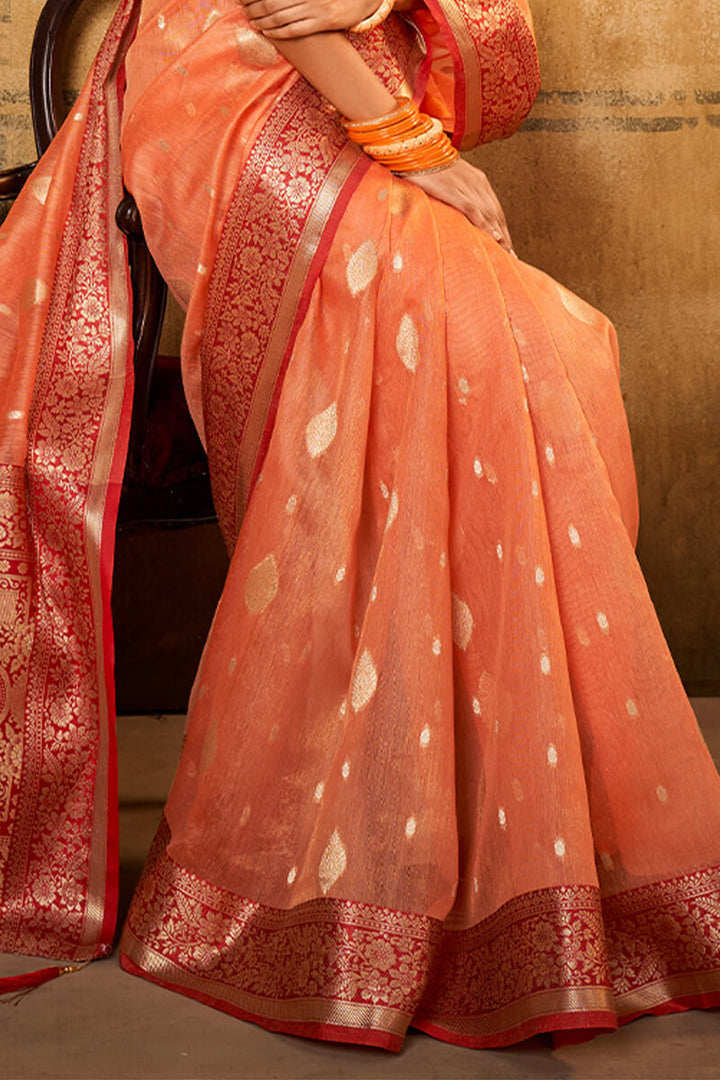 Apricot Peach Banarasi Silk Saree