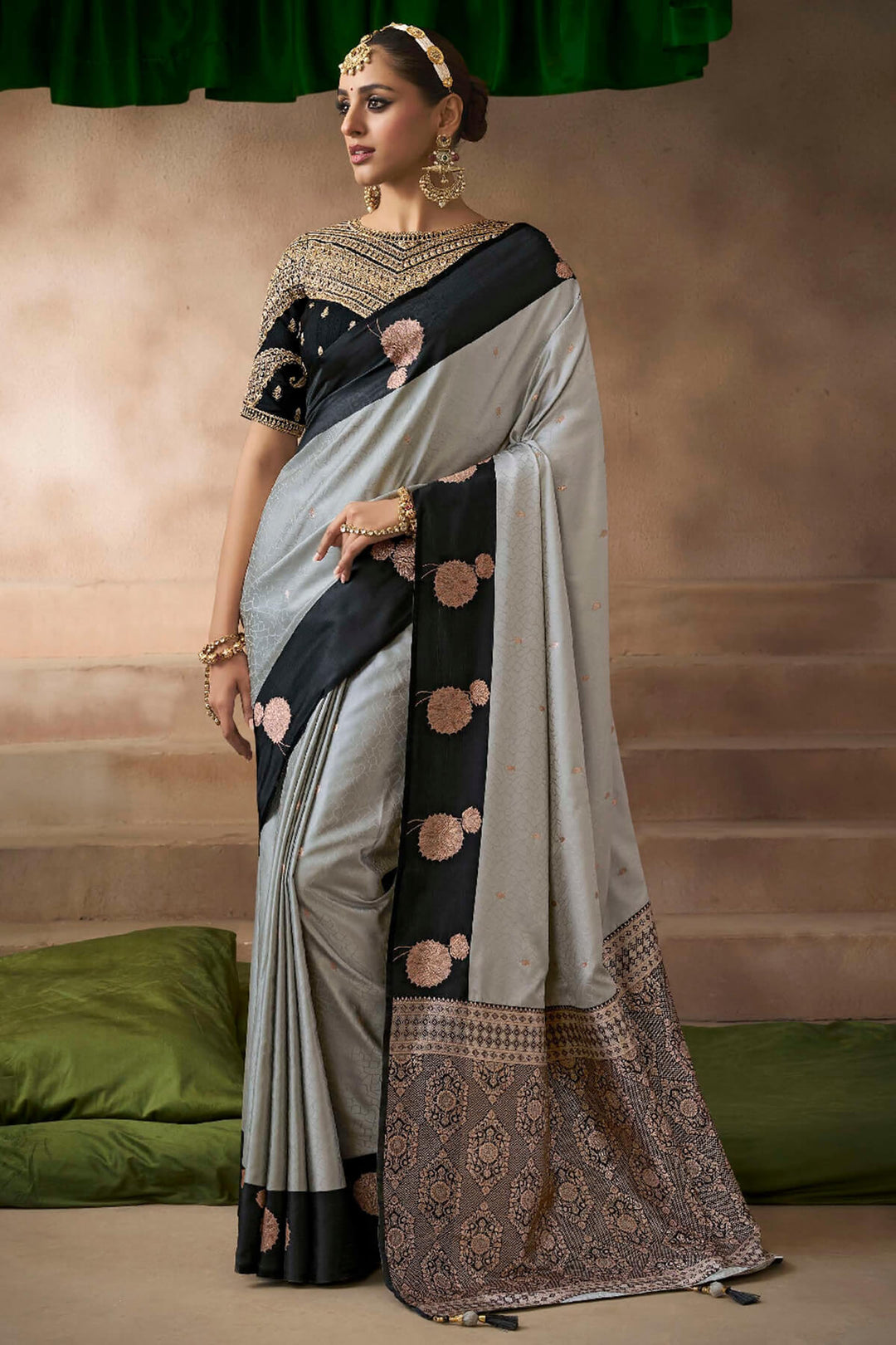 Ash Grey Zari Woven Satin Silk Saree With Heavy Embroidery Blouse Piece