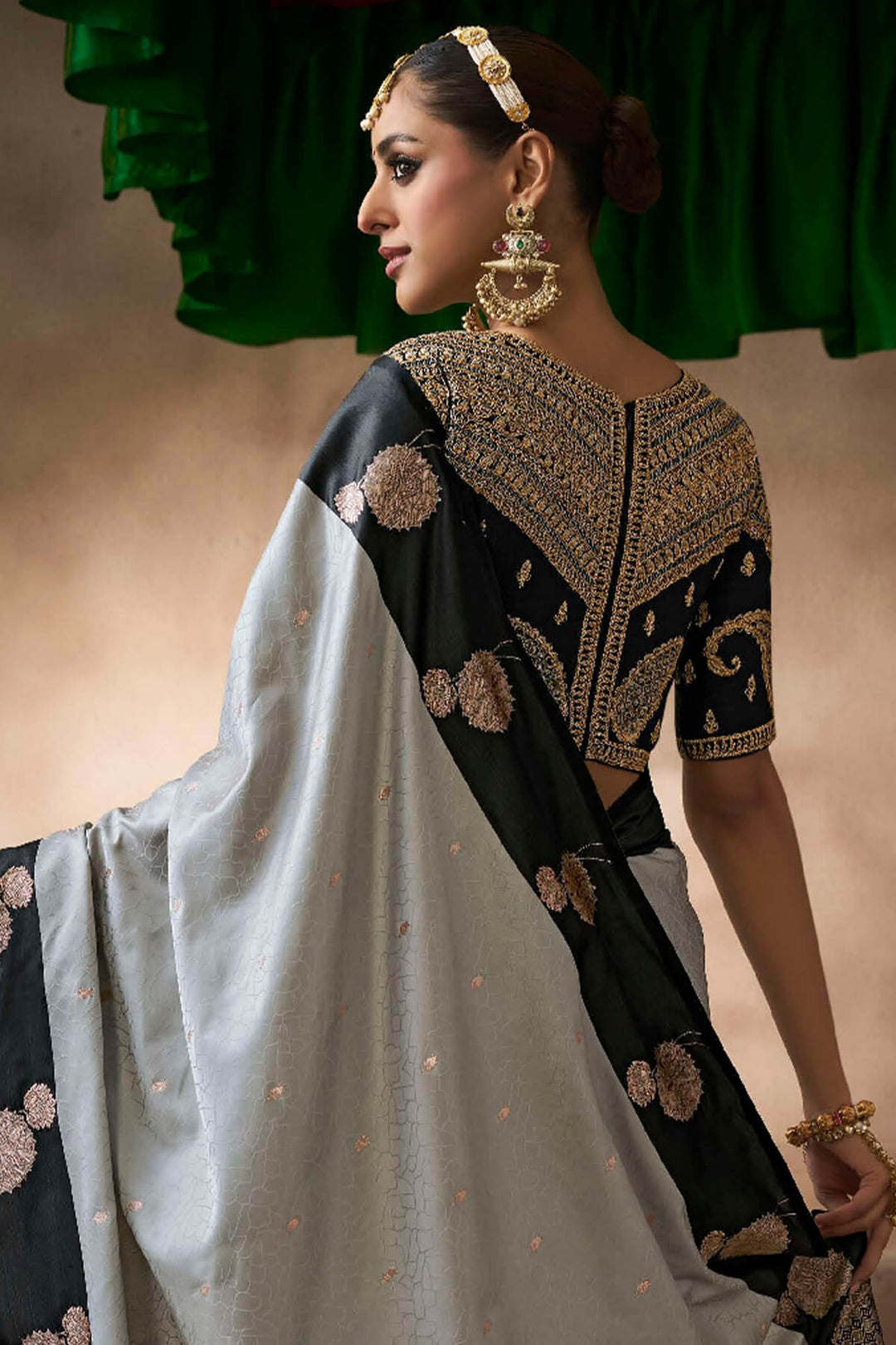 Ash Grey Zari Woven Satin Silk Saree With Heavy Embroidery Blouse Piece