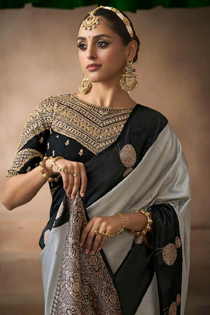 Ash Grey Zari Woven Satin Silk Saree With Heavy Embroidery Blouse Piece