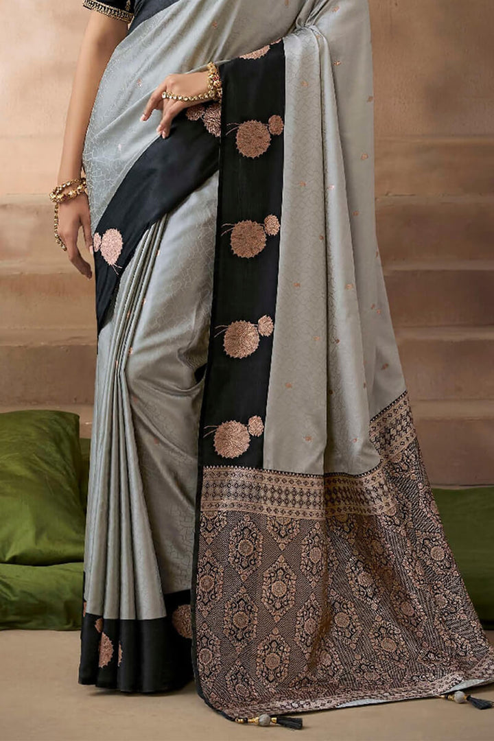 Ash Grey Zari Woven Satin Silk Saree With Heavy Embroidery Blouse Piece