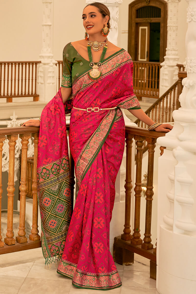 Raspberry Pink Woven Patola Silk Saree Rich Pallu Designer 2024 Wedding Partywear Saree