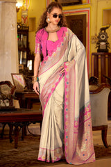 Bare Beige Purple Banarasi Soft Silk Saree