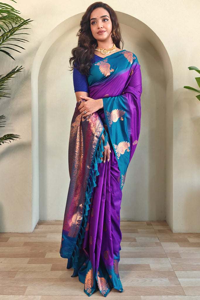 Barney Purple Soft Banarasi Silk Saree With Chaap Border