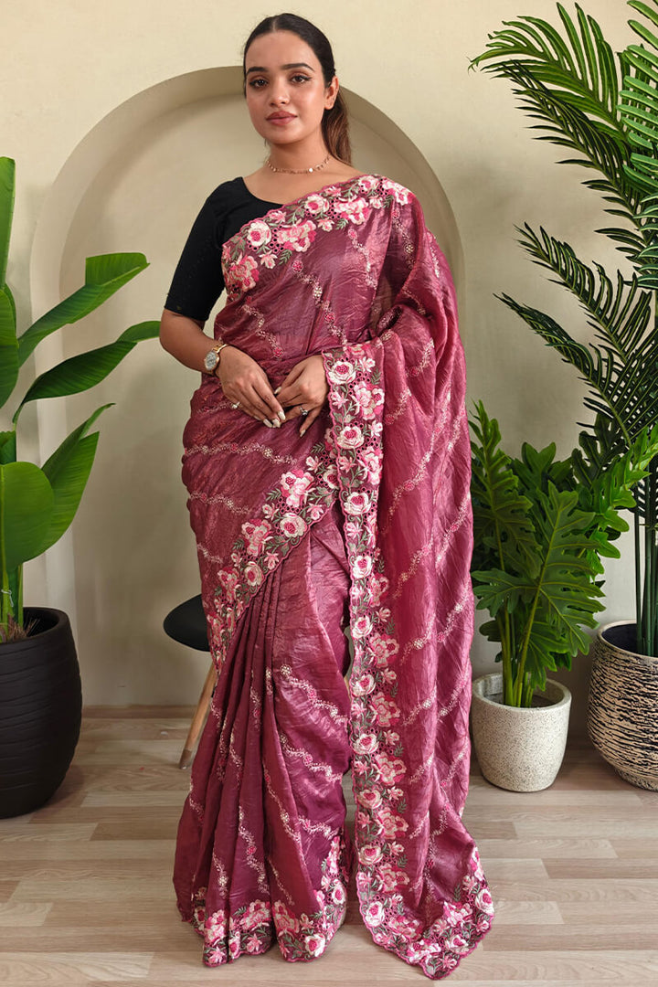 Bashful Pink Embroidered Work Pure Crush Silk Saree