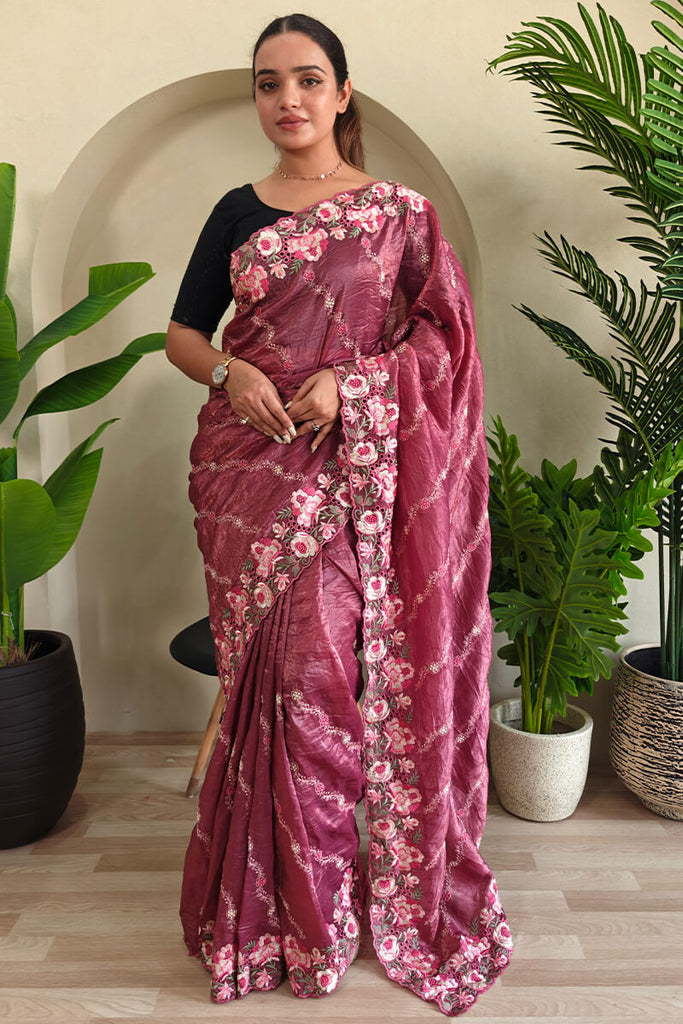 Bashful Pink Embroidered Work Pure Crush Silk Saree