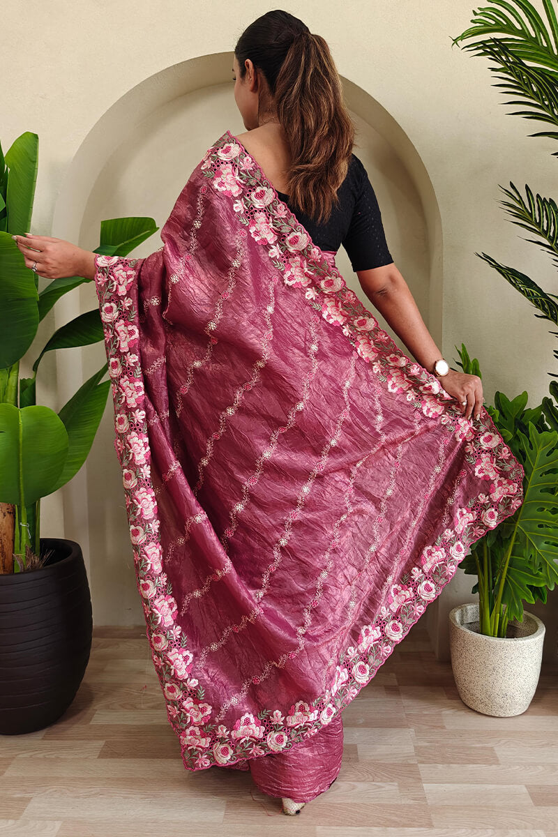 Bashful Pink Embroidered Work Pure Crush Silk Saree