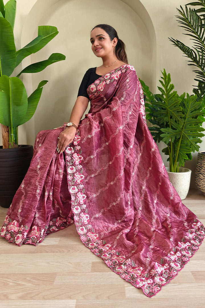 Bashful Pink Embroidered Work Pure Crush Silk Saree