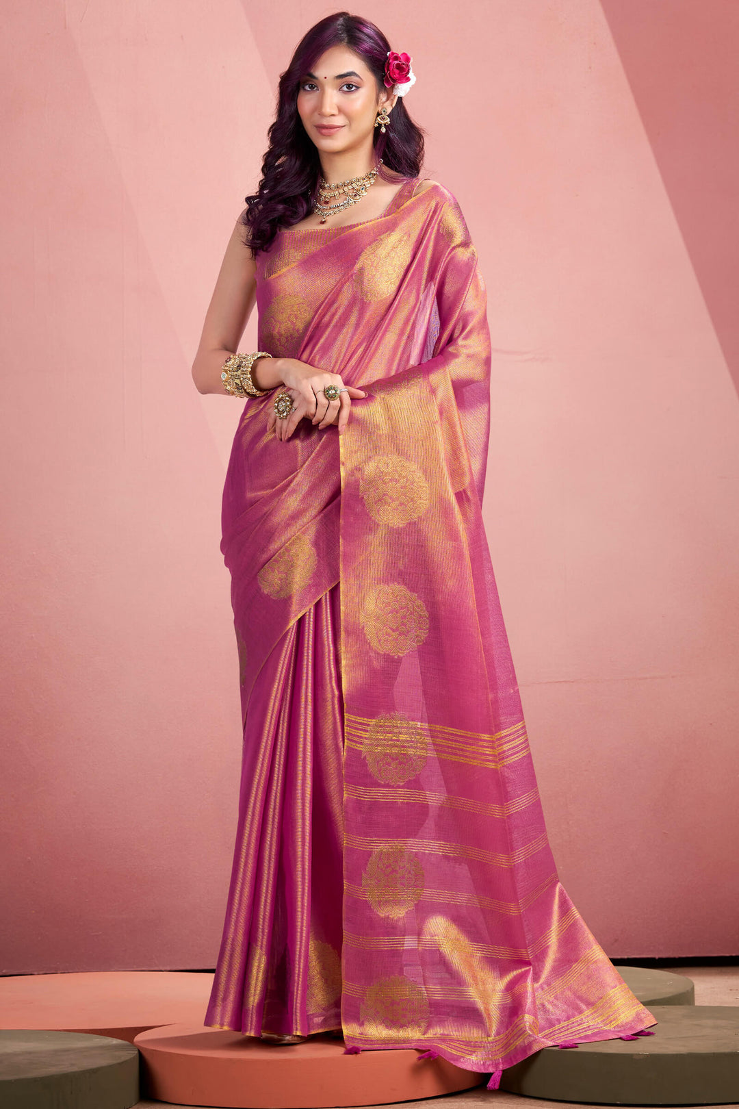 Bashful Pink Tissue Silk Saree