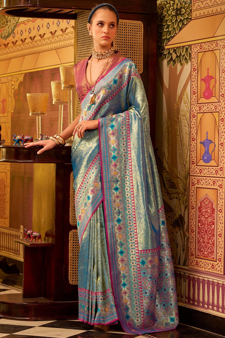 Bayoux Blue Zari Woven Tissue Silk Saree