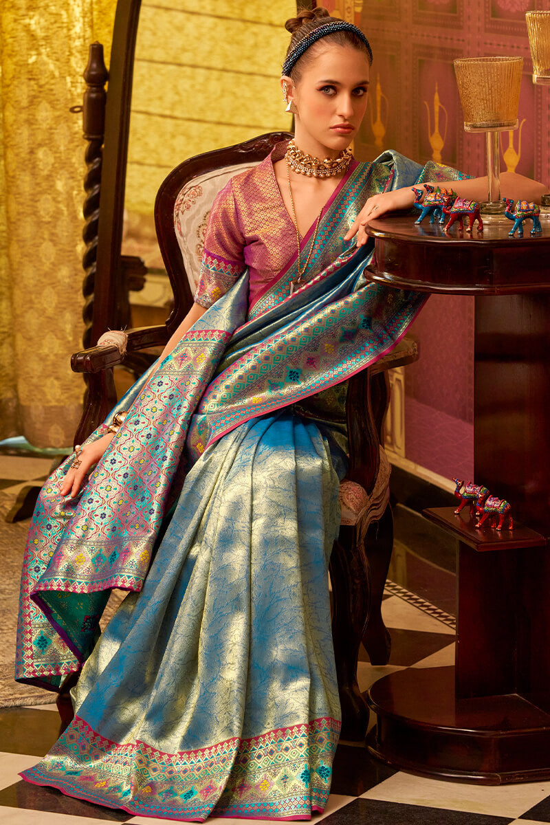 Bayoux Blue Zari Woven Tissue Silk Saree