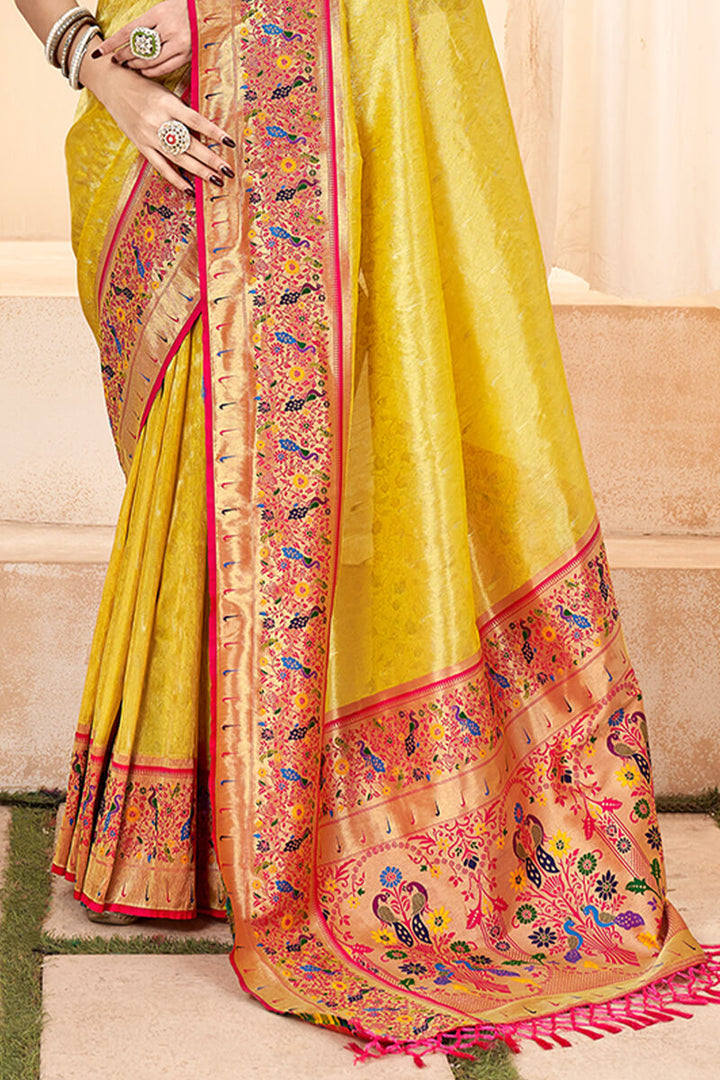 Bee Yellow Paithani Tissue Silk Saree