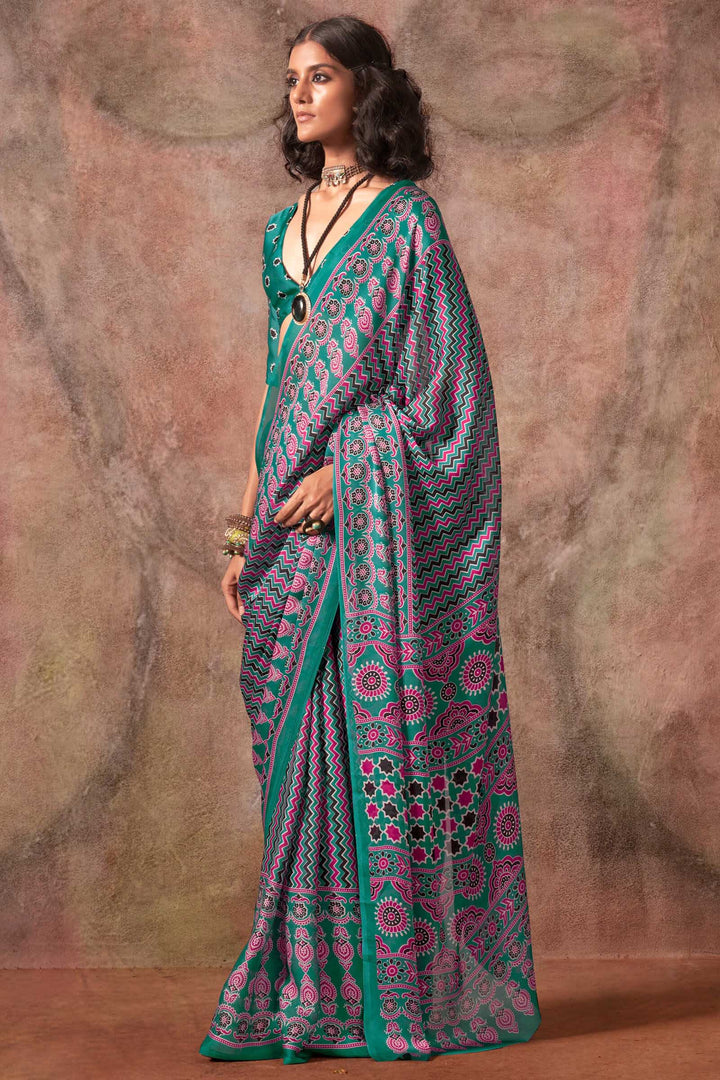 Beetle Green Ajarkh Printed Satin Georgette Silk Saree