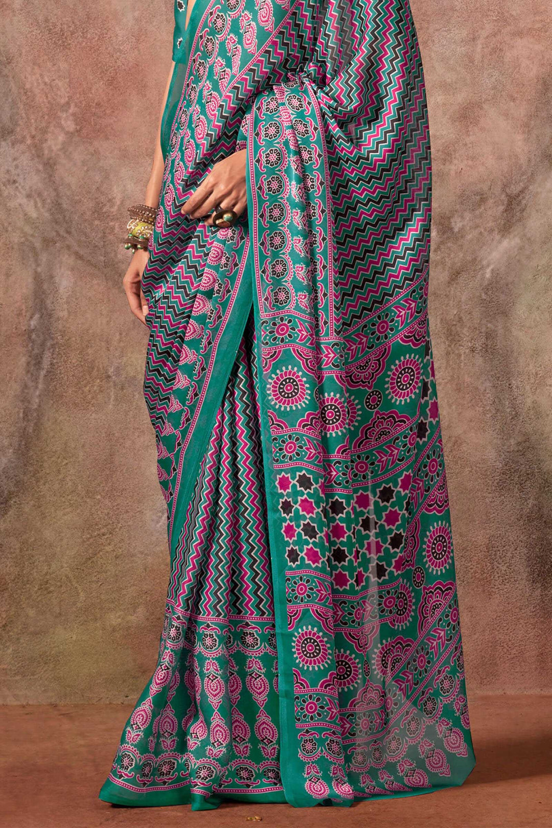 Beetle Green Ajarkh Printed Satin Georgette Silk Saree