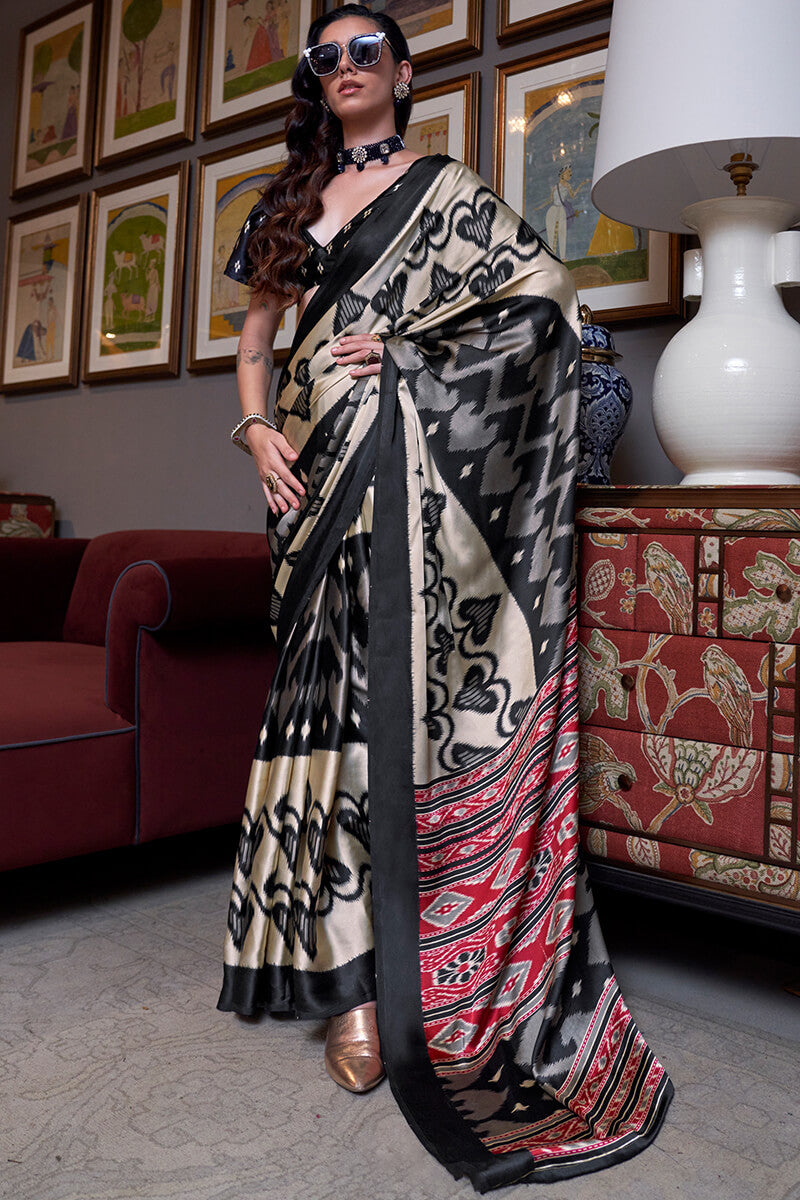 Beige and Black Patola Printed Satin Crepe Silk Saree