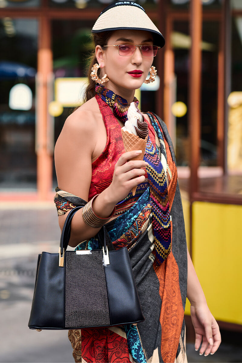 Beige and Black Printed Satin Crepe Silk Saree