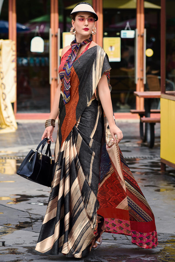 Beige and Black Printed Satin Crepe Silk Saree