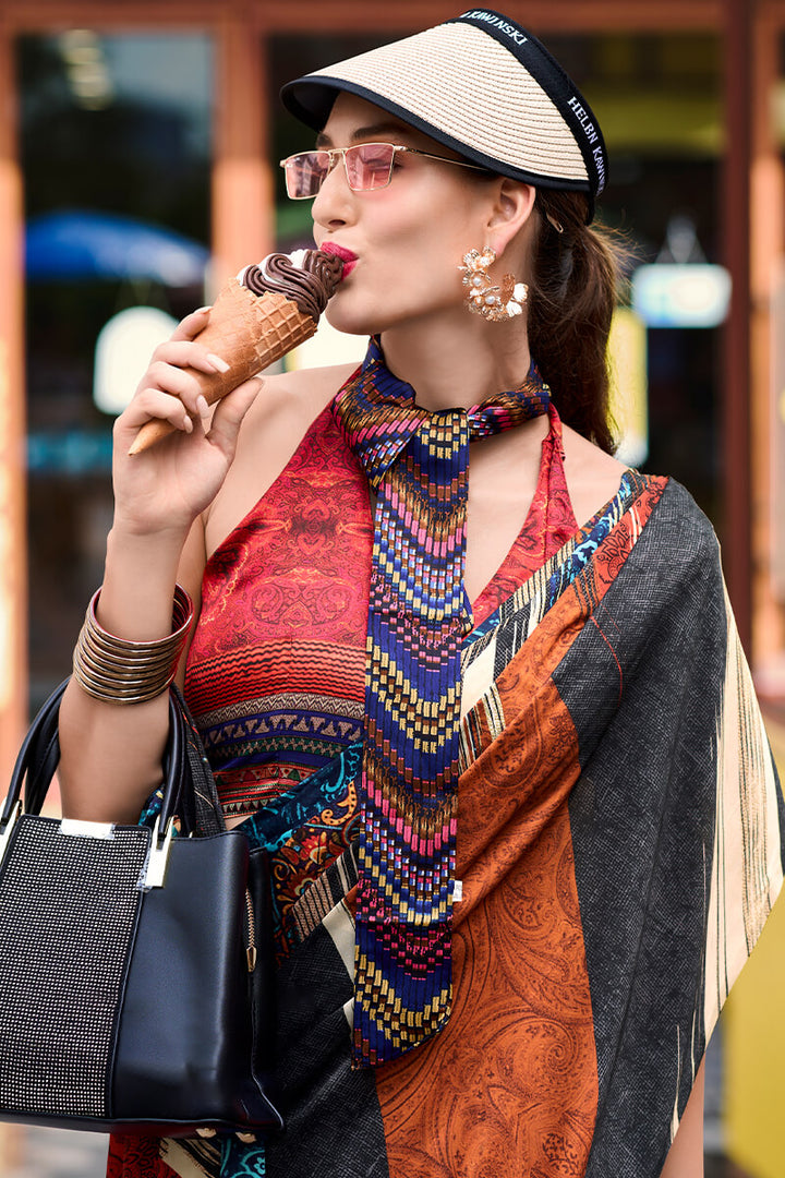 Beige and Black Printed Satin Crepe Silk Saree
