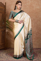 Beige and Green Ajrakh Printed Satin Silk Saree