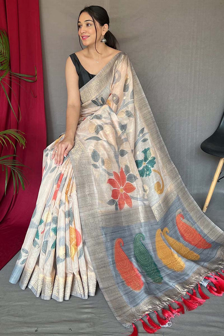Beige and Grey Zari Woven Printed Silk Saree