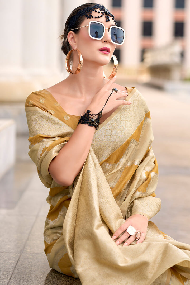 Beige and Mustard Linen Cotton silk Saree