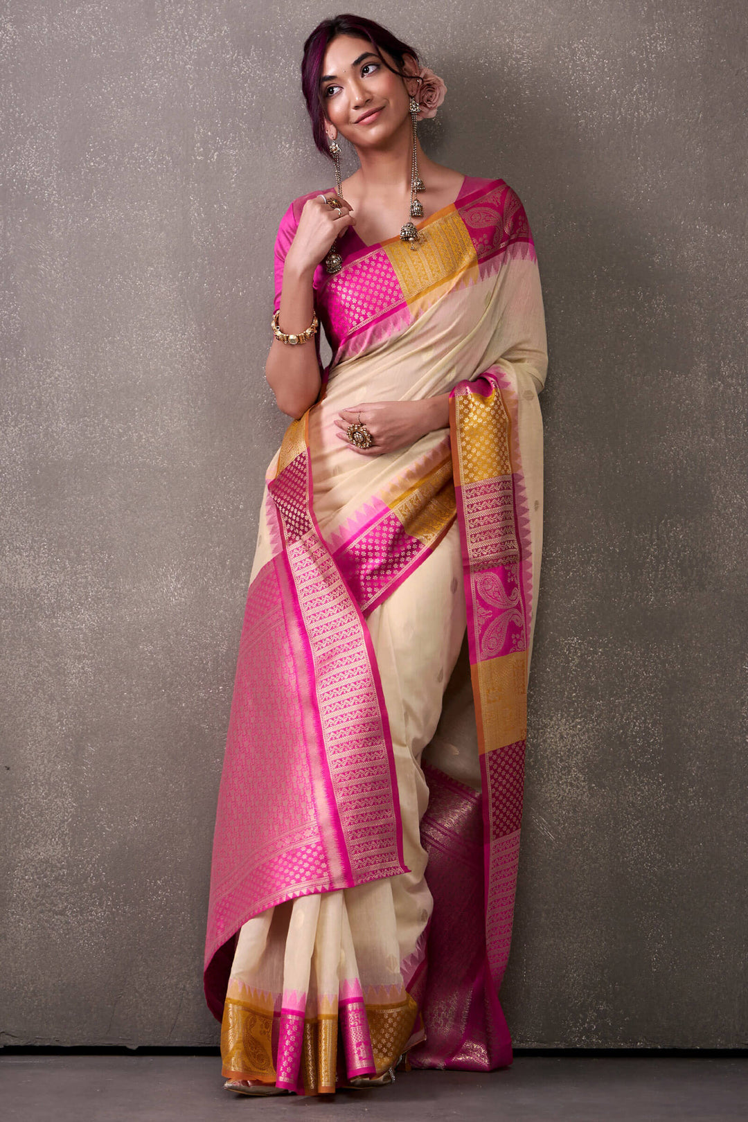 Beige and Pink Cotton Modal Silk Saree