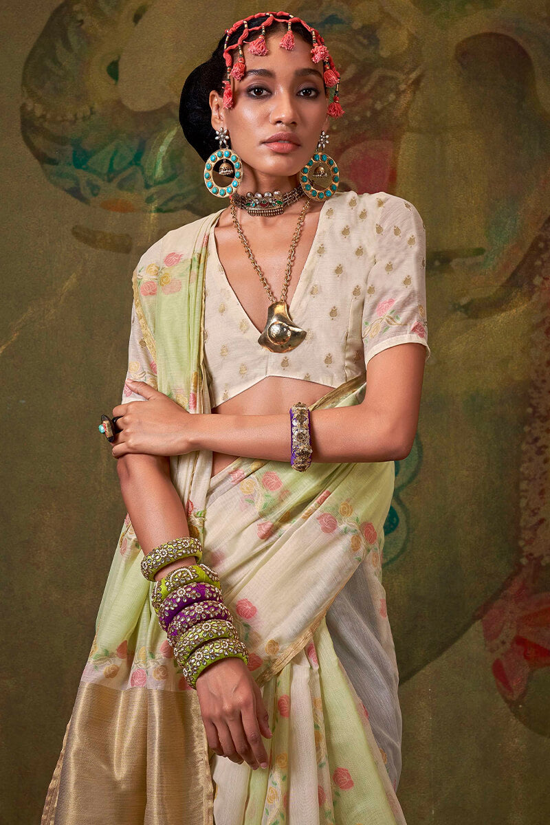Beige and Pista Pure Spun Cotton Rangkat Silk Saree