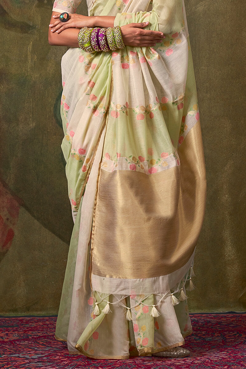 Beige and Pista Pure Spun Cotton Rangkat Silk Saree