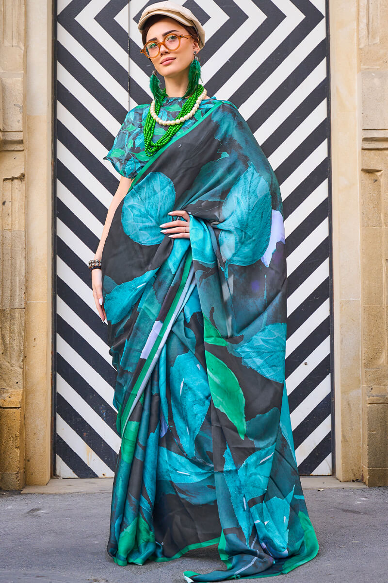 Black and Blue Printed Satin Georgette Silk Saree