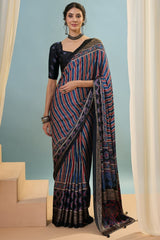 Black and Navy Blue Ajrakh Printed Satin Silk Saree