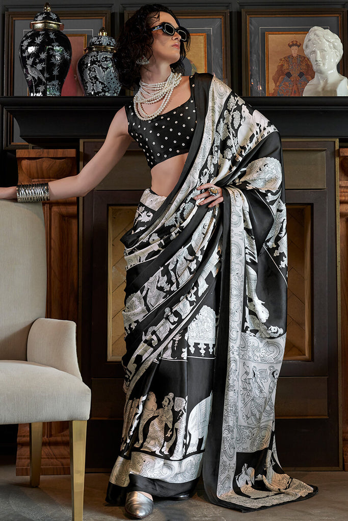 Black and White Patola Printed Satin Crepe Silk Saree