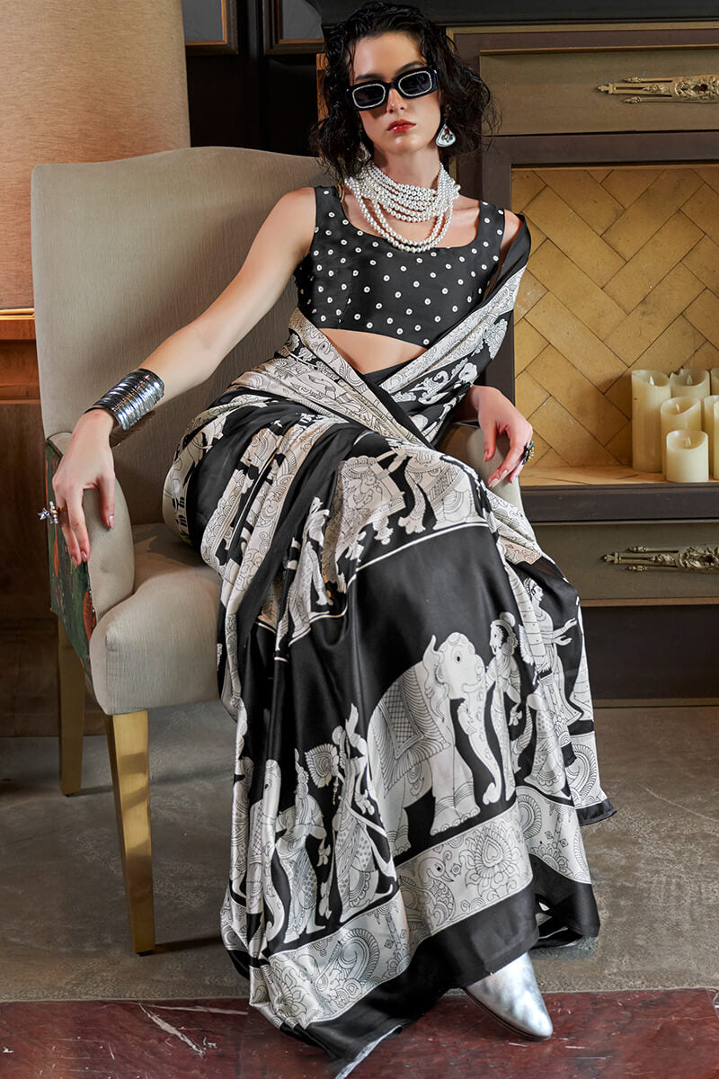 Black and White Patola Printed Satin Crepe Silk Saree