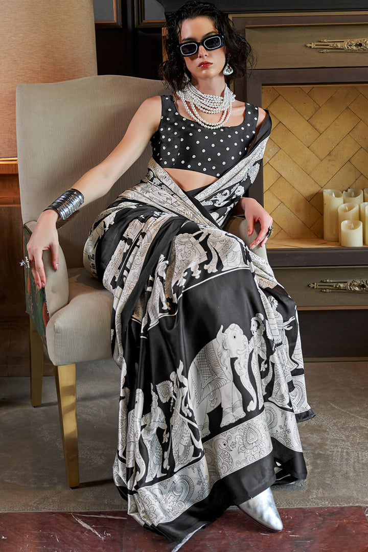 Black and White Patola Printed Satin Crepe Silk Saree