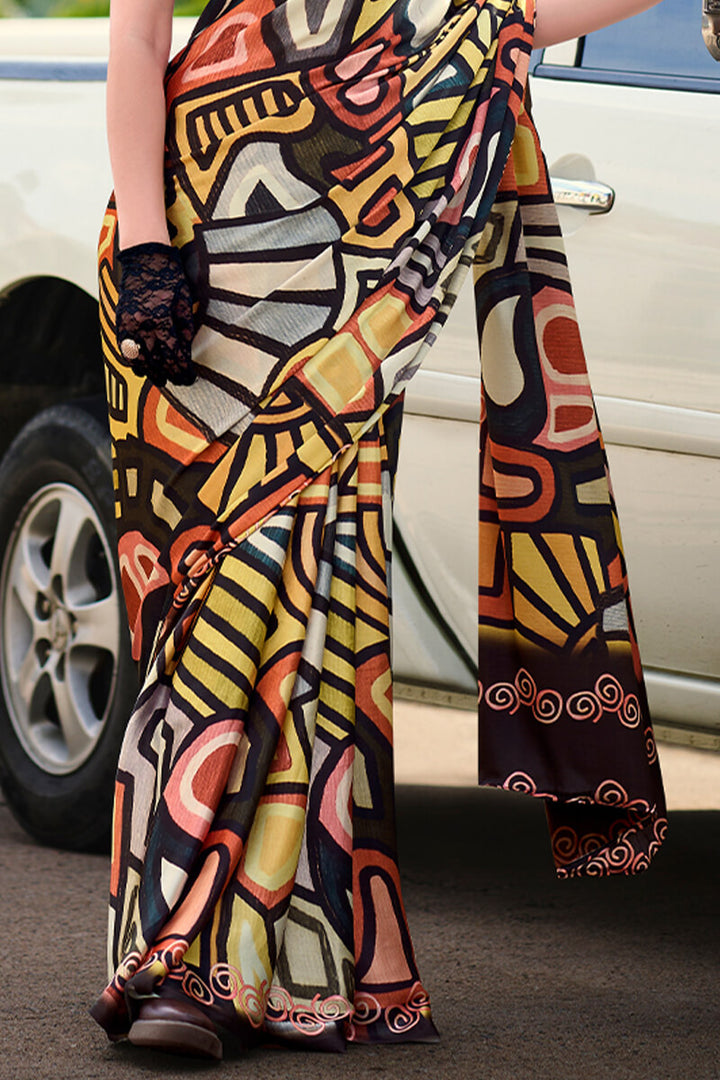 Black and Yellow Printed Satin Crepe Silk Saree