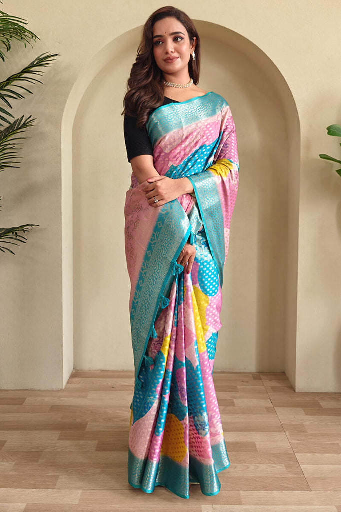 Blue and Multi Color Printed Georgette Woven saree