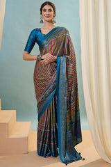 Blue and Mustard Ajrakh Printed Satin Silk Saree